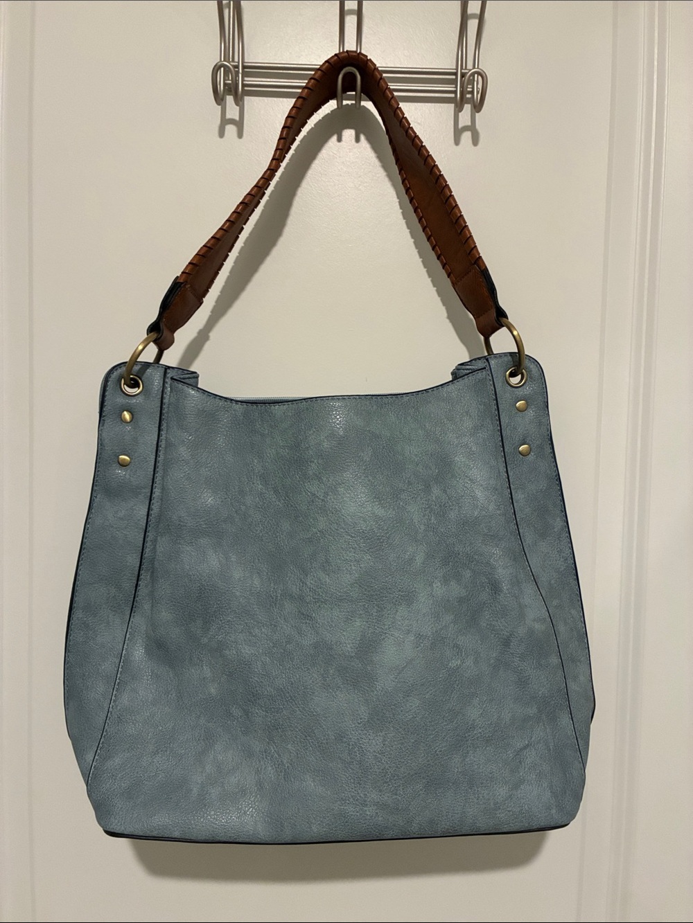 Soft Blue Shoulder Tote with Brown Braided Handle